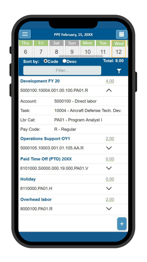 screenshot of time tracking software accessed from a mobile phone