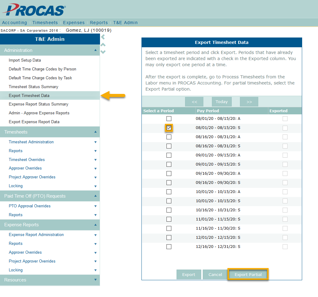 PROCAS Export