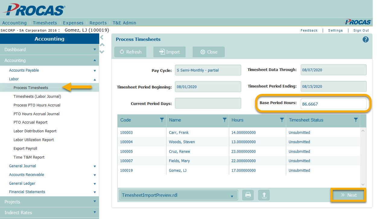 PROCAS Process Timesheets