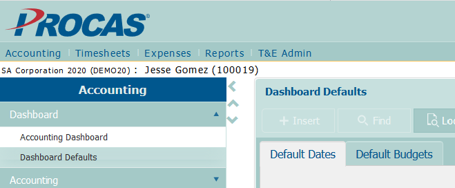 PROCAS Accounting Dashboard Defaults